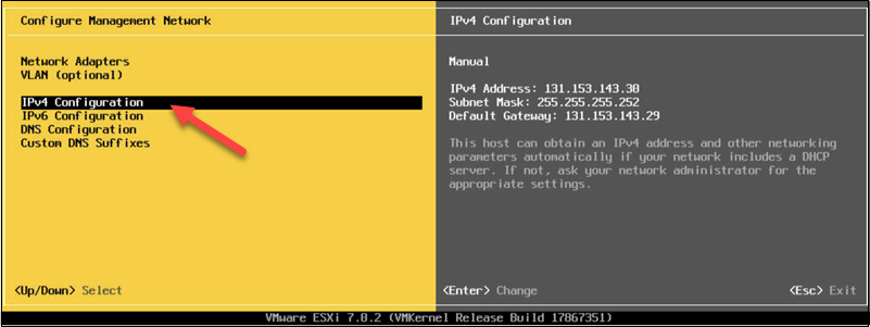 Navigating to change the IPv4 configuration in ESXi.