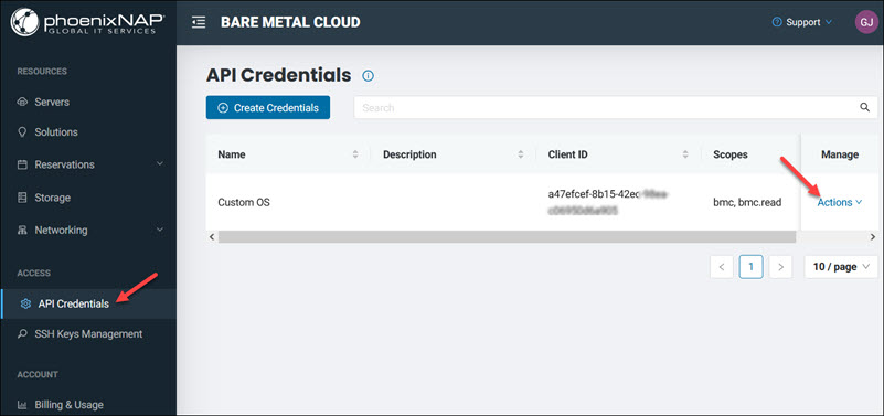 BMC API credentials page actions menu