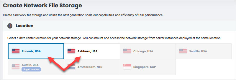 Choosing the data center location for the network file storage