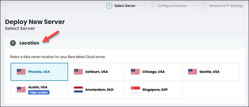 BMC Portal select location for the server.