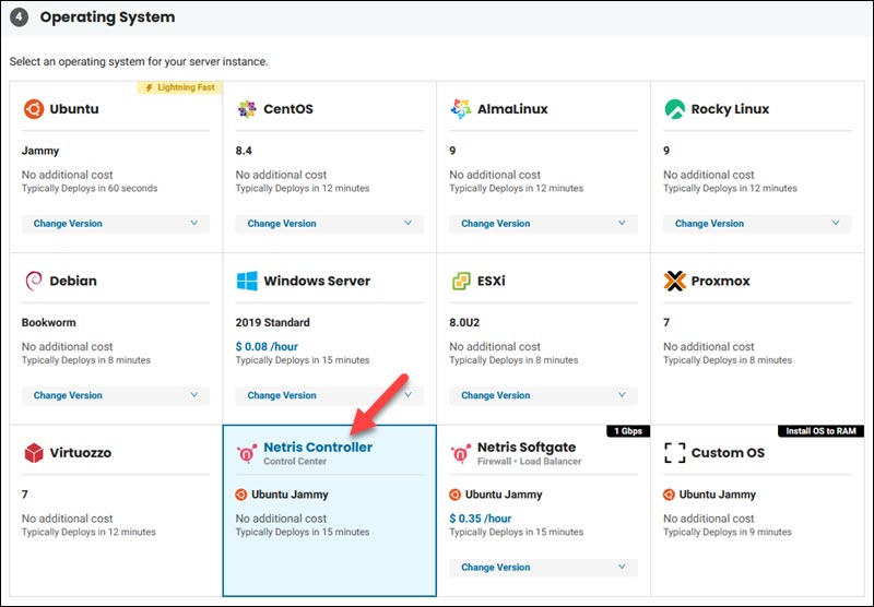 The Netris Controller OS selection in BMC portal
