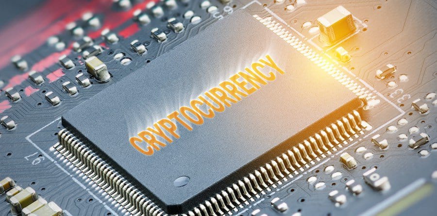circuitboard that says cryptocurrency