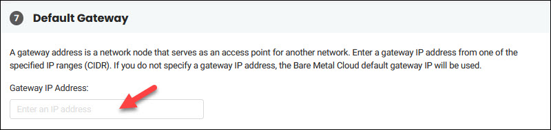 Default gateway step in the BMC portal. 