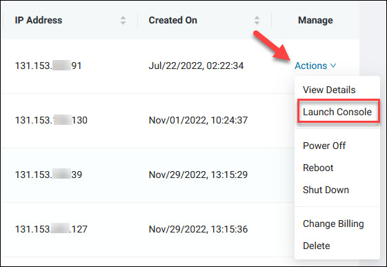 Server actions with connect link in the BMC portal
