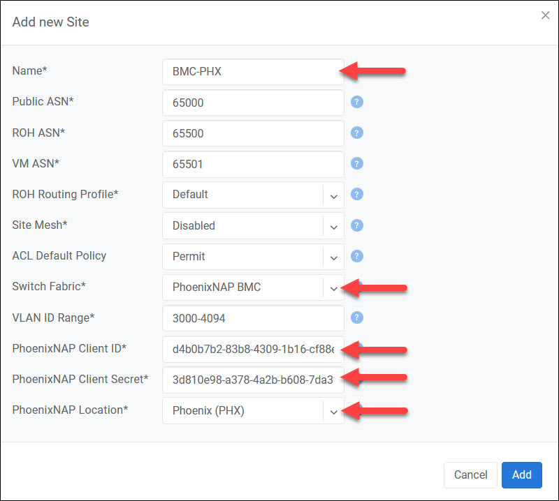 Netris fields for adding a new site