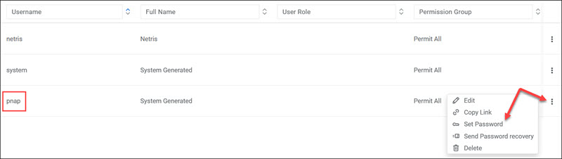 Setting user password in Netris