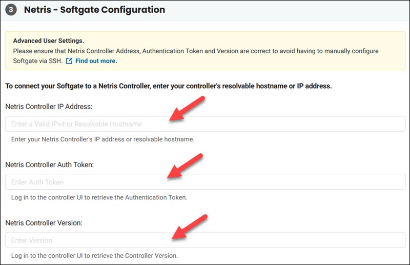 Netris Softgate Configuration fields.
