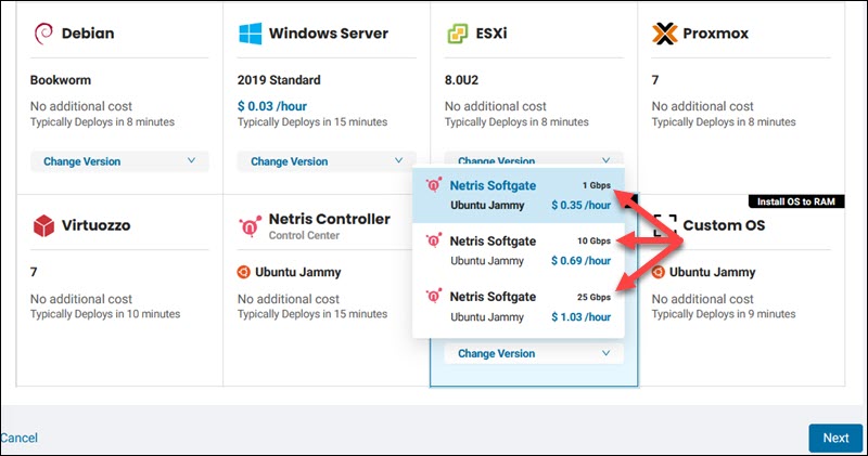 Netris SoftGate selection in the BMC portal