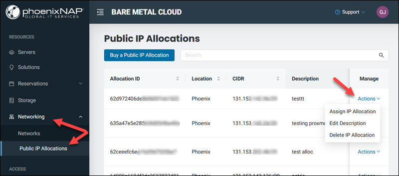 Public IP allocation section in BMC Portal
