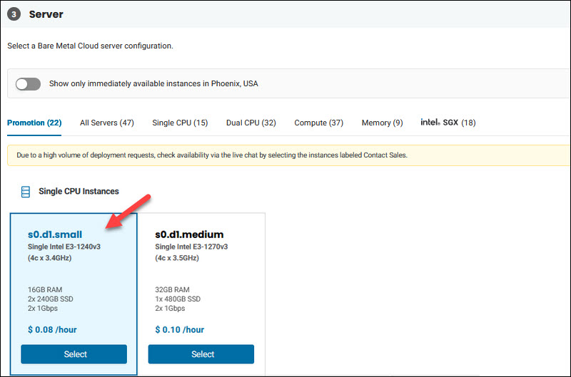 Selecting an s0.d1.small BMC server instance.