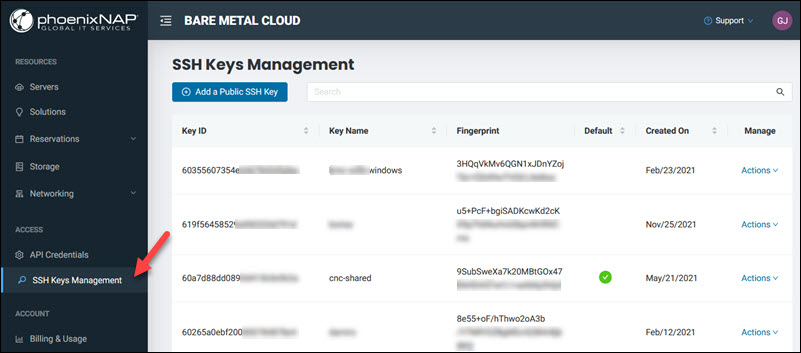 BMC portal SSH Keys Management page