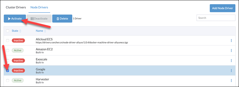 Activating a node driver in Rancher.