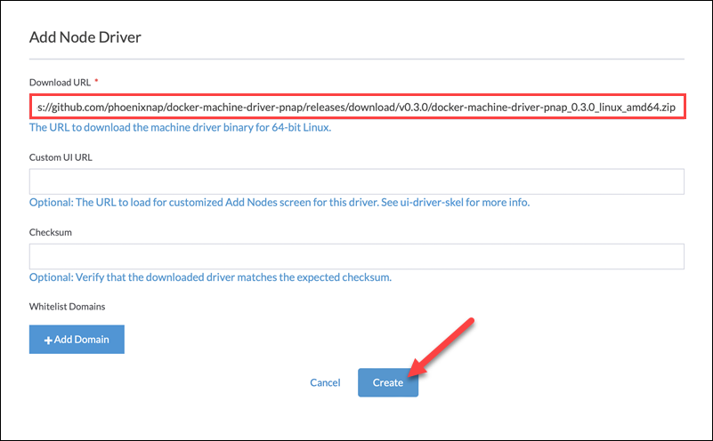 Creating a new node driver in Rancher.