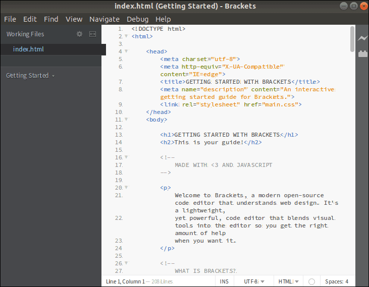 brackets linux editor getting started page
