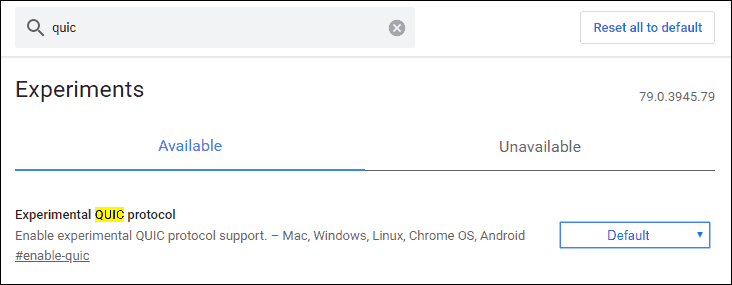 Chrome QUIC Protocol settings change to disabled.