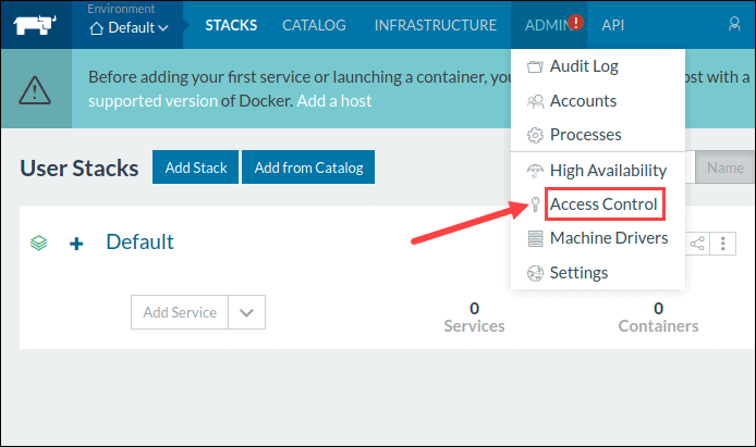 Navigate to Access Control to configure Rancher. 