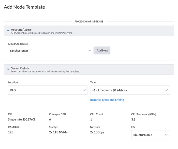 Creating a new node template in Rancher.