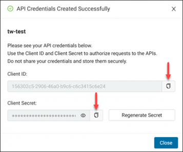Confirmation window for API credentials creation