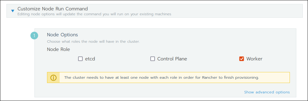 Customizing the node run command in the Add Cluster section in Rancher