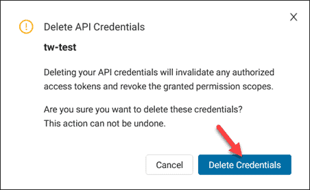 Delete API credentials confirmation box.