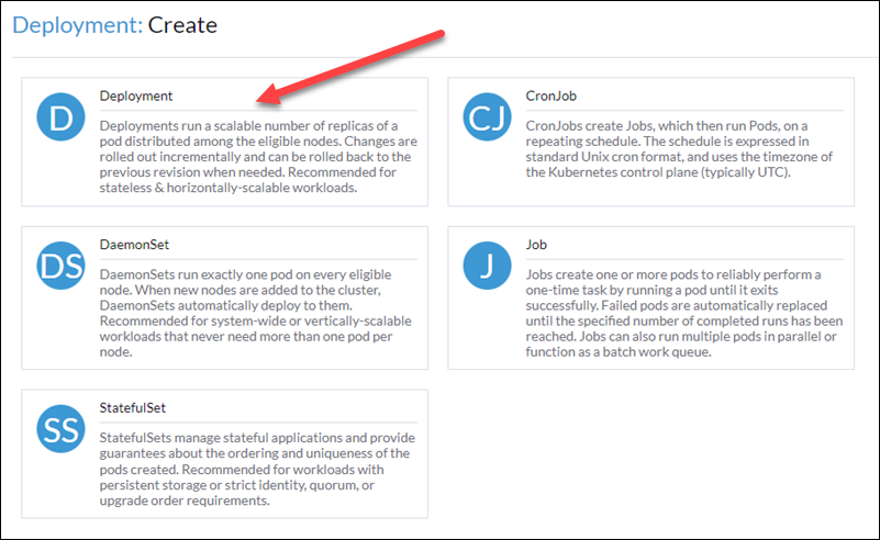 Choosing to create a deployment on the deployment create screen.