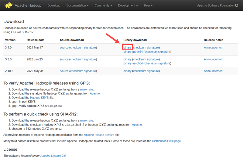 Downloading a specific Apache Hadoop version.