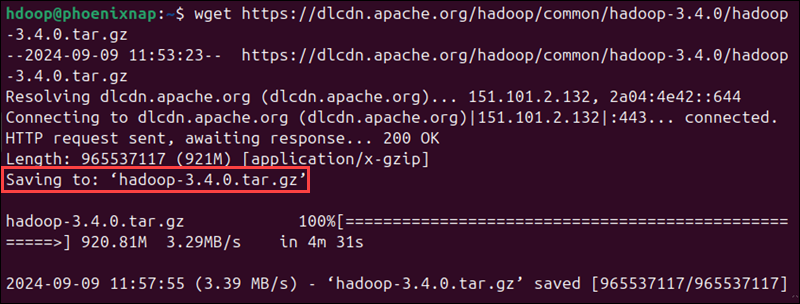 Using the wget command to download the latest Hadoop version in Ubuntu.