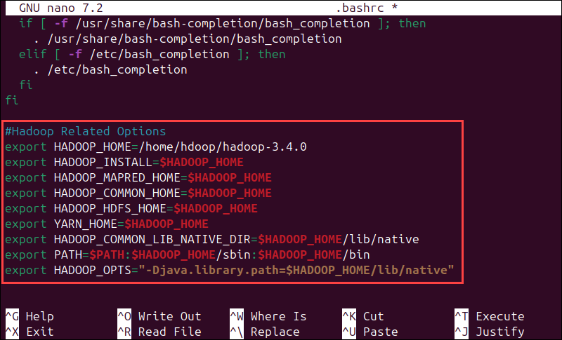 Edit .bashrc file to add Hadoop variables.