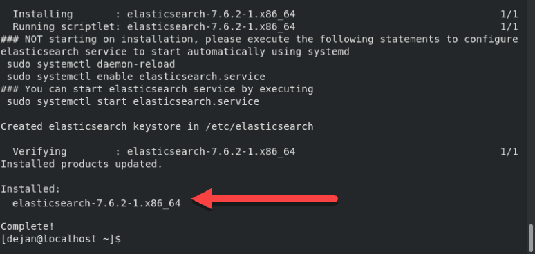 Image of a successfully completed Elasticsearch installation