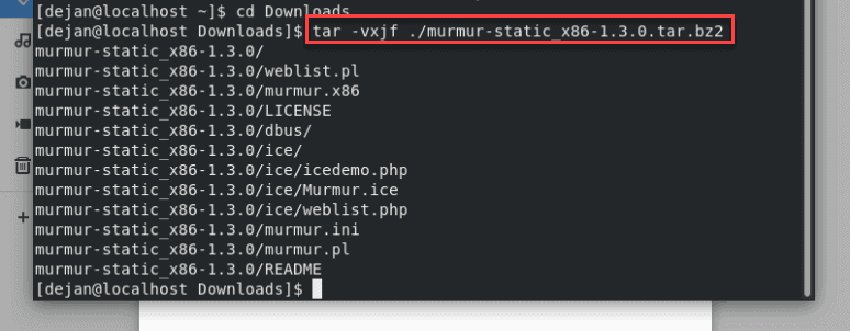 Extracting the murmur tarball in the terminal.