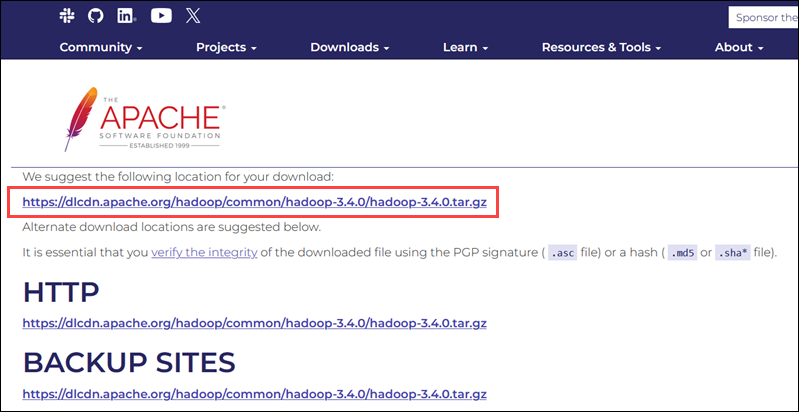 Hadoop mirror link for downloading Hadoop tar file.