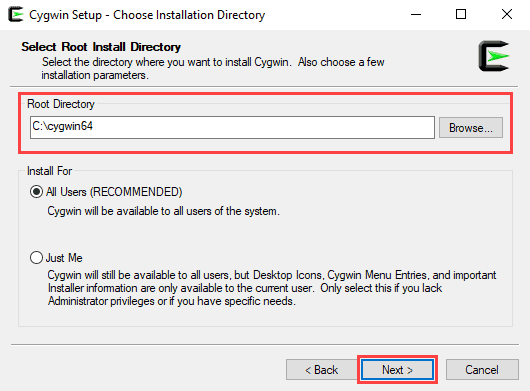Root directory for Cygwin setup