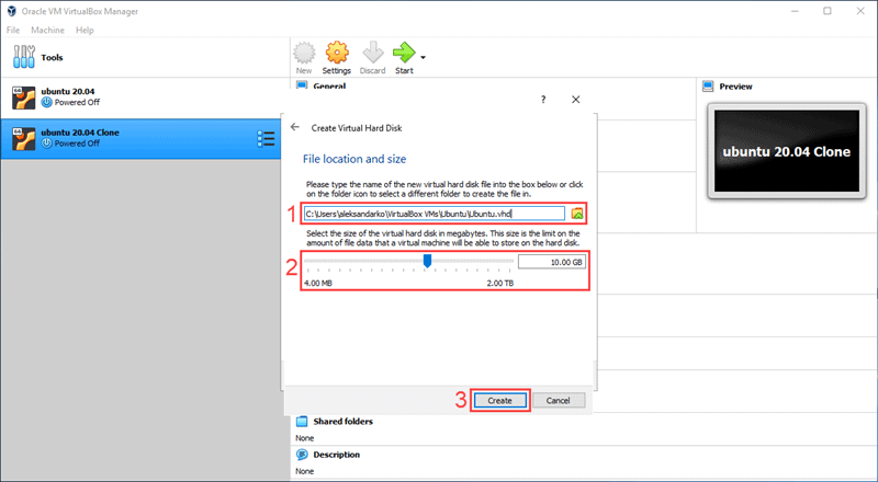 Select the location and size of the hard disk for your new VM