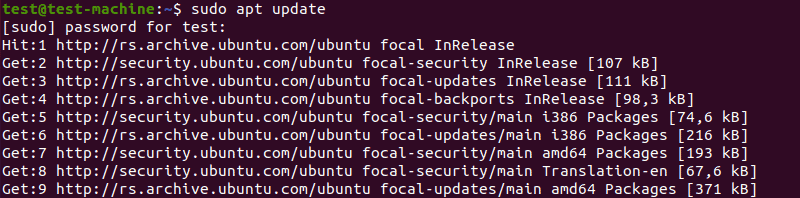 Refreshing the system's package index with the 'sudo apt update' command