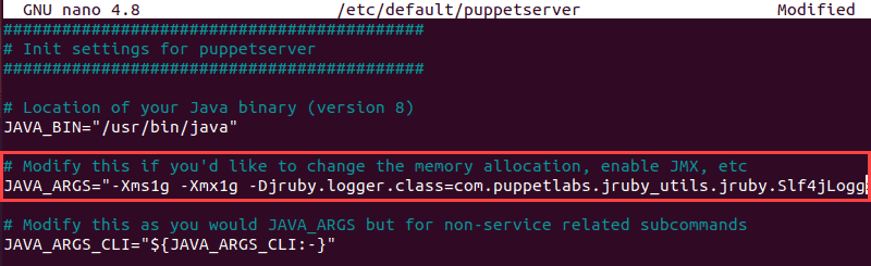 Edit the puppetserver file to change available RAM to 1GB