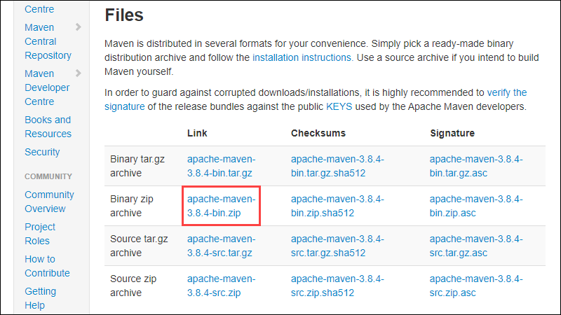 Click the binary zip archive link to download Maven