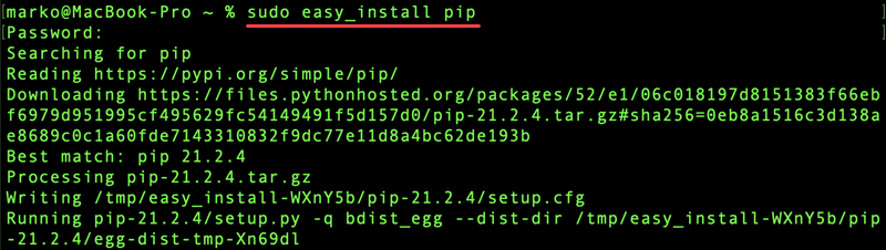 Install pip via easy_install on macOS.