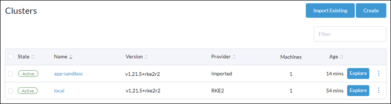 The list of clusters in Rancher with the newly created cluster on the list.