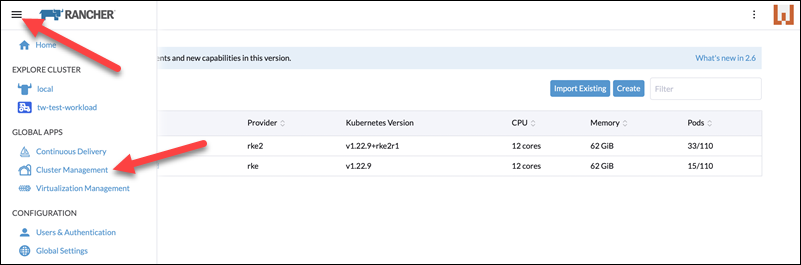 Navigating to the Cluster Management section in Rancher.