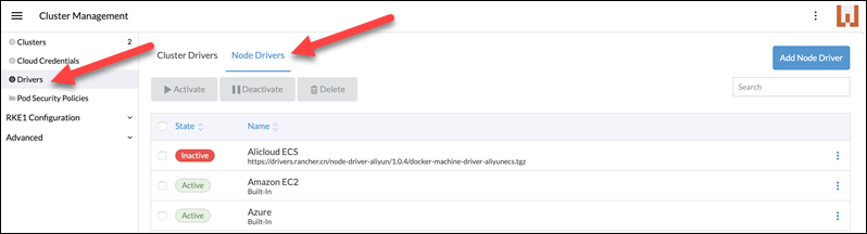 Navigating to the Node Drivers section in Rancher.