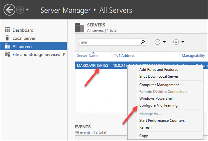Selecting the Configure NIC Teaming option in Windows Server Manager.