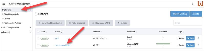 Navigating to a workload cluster in Rancher.