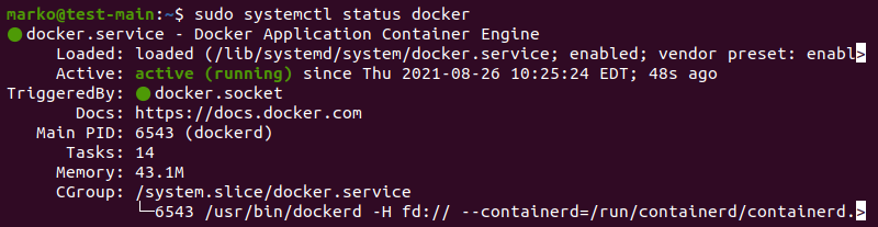 Check Docker status on Ubuntu.