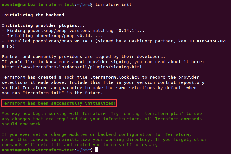 The output of the terraform init command shows that the provider has been initialized.