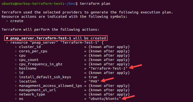 The output of the terraform plan command shows actions that will be performed.