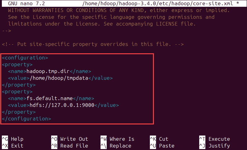 Override the default values for the temporary directory and add your HDFS URL to replace the default local file system setting.