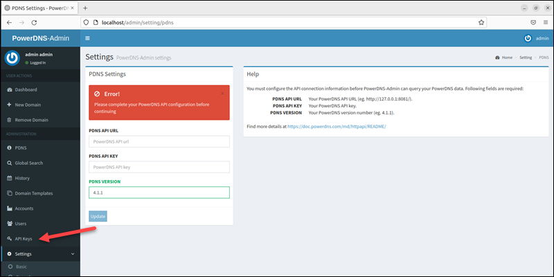 PowerDNS Admin page menu API keys