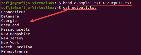 Redirect output using the head command to a specific file.
