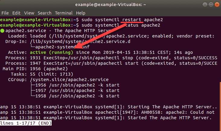 screenshot after restarting apache ubuntu