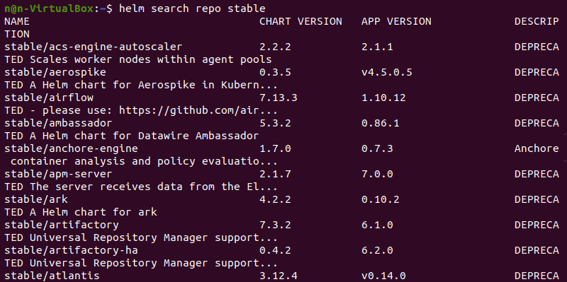 A list of Helm repositories when searched in the terminal.